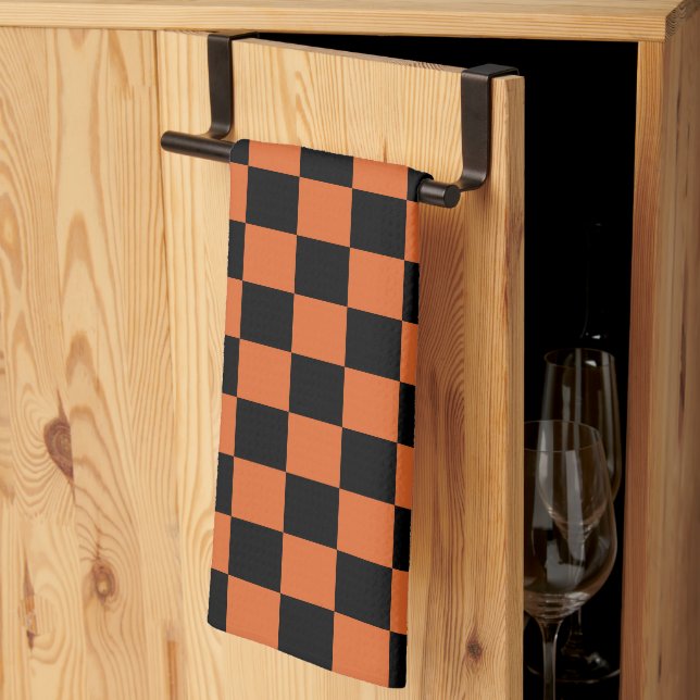 Black and Orange Halloween Chequerboard  Tea Towel (Thirds Fold)