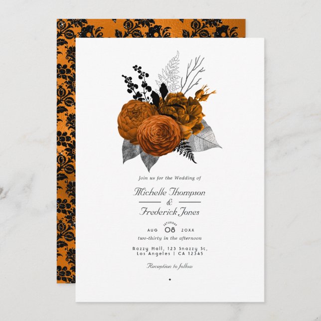 Black and Orange Halloween Floral QR Code Wedding Invitation (Front/Back)