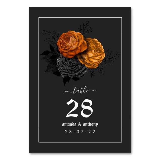 Black and Orange Halloween Floral Wedding Menu Table Number (Front)