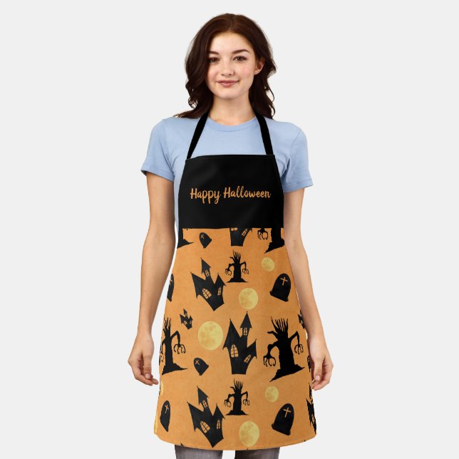 Black and Orange Halloween Spooky Trees Houses Apron (Worn)