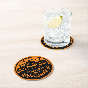 Black and Orange Happy Halloween Round Paper Coaster