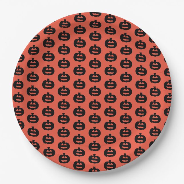 Black and Orange Jack-o-lantern Print Paper Plate (Front)