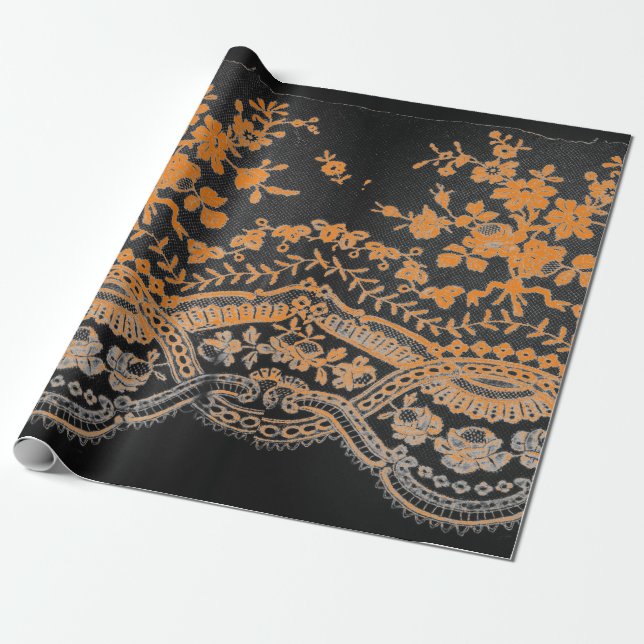BLACK AND ORANGE LACE Wrapping Paper (Unrolled)