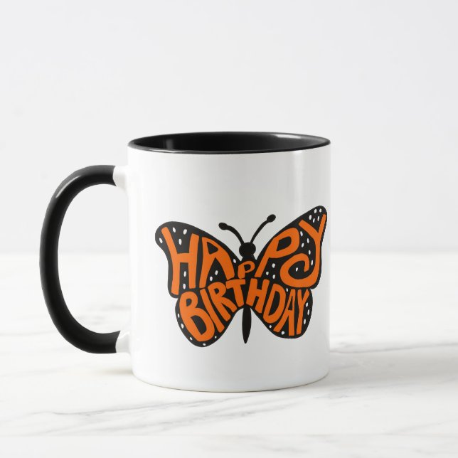 Black and Orange Monarch Butterfly Happy Birthday Mug (Left)