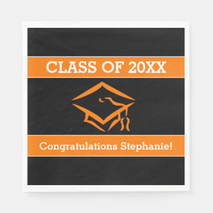Black and Orange Mortarboard Graduation Party Napkin
