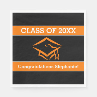 Black and Orange Mortarboard Graduation Party Napkin