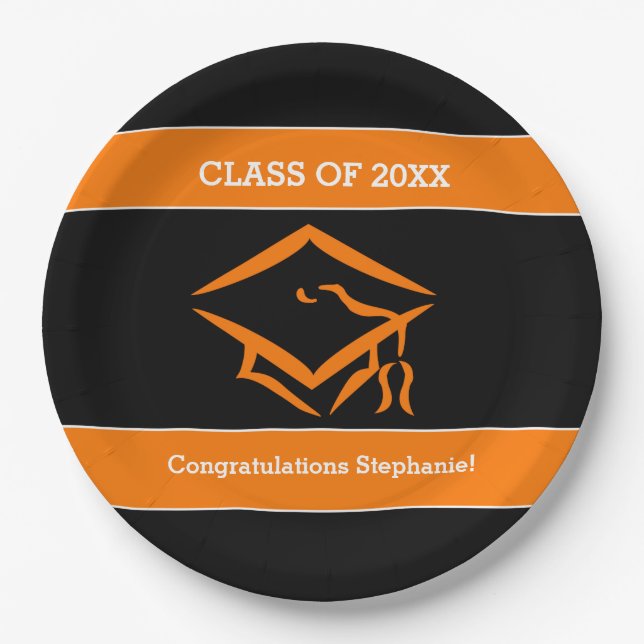 Black and Orange Mortarboard Graduation Party Paper Plate (Front)