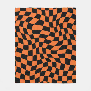 Black And Orange Psychedelic Chequered Groovy Grid Fleece Blanket