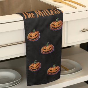 Black and Orange Pumpkin Halloween personalised Tea Towel