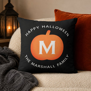 Black and Orange Pumpkin Monogram Halloween Cushion