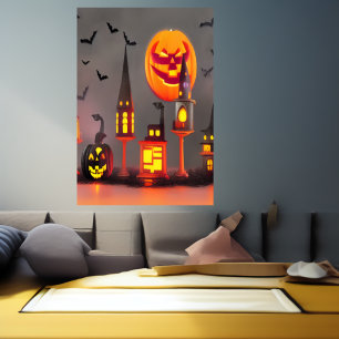 Black and orange pumpkin village   AI Art Poster