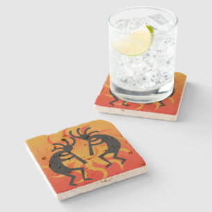 Black And Orange Southwest Kokopelli Tribal Sun Stone Coaster