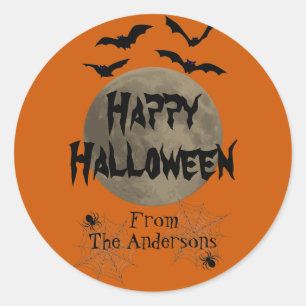 Black and Orange Spooky Bats Happy Halloween Classic Round Sticker