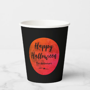 Black and Orange Spooky Full Moon Happy Halloween Paper Cups