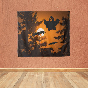 Black and Orange Spooky Halloween Night Scene Tapestry
