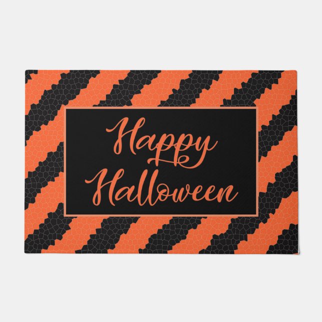 Black and Orange Stripe Fun Happy Halloween Doormat (Front)