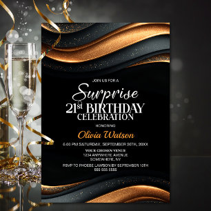 Black and Orange Surprise 21st Birthday Party Invitation