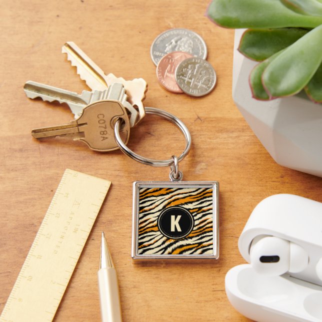 Black and Orange Tiger Pattern Monogram Key Ring (Desk)