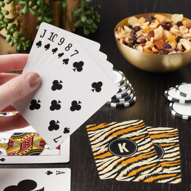 Black and Orange Tiger Pattern Monogram Playing Cards (In Situ)