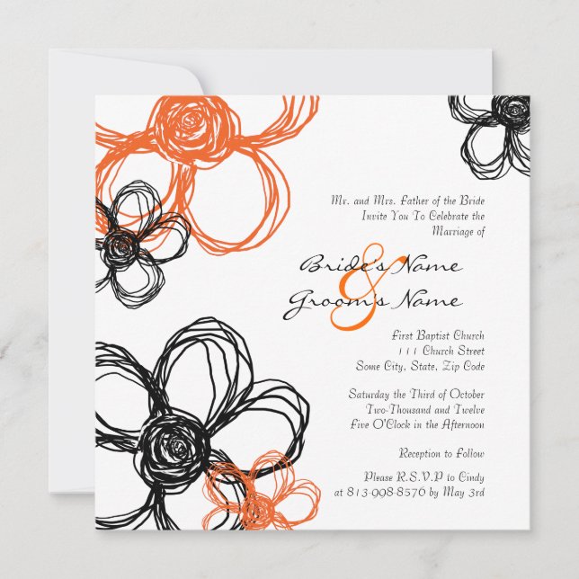 Black and Orange Wild Flowers Wedding Invitation (Front)