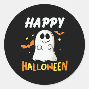 Black and Orange with Ghost Happy Halloween Classic Round Sticker