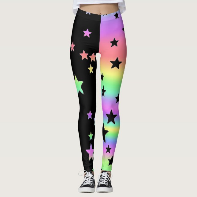 Black And Pastel Rainbow Star Leggings (Front)