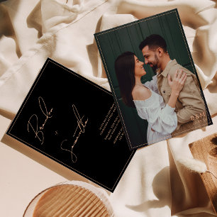 Black and Peach Hand-Lettered Script Photo Wedding Invitation