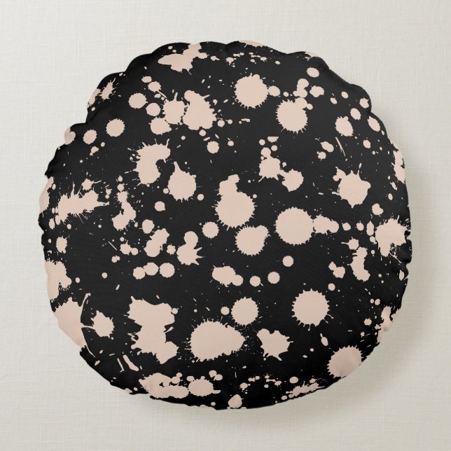 Black and Peach Splatter Paint Art Round Cushion (Front)