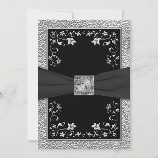 Black and Pewter Floral Monogrammed Invitation (Front)