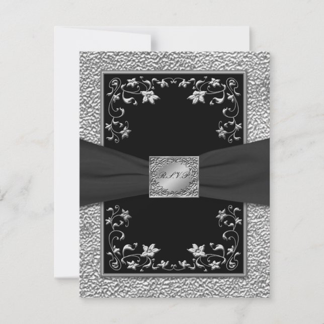Black and Pewter Floral RSVP Card (Front)