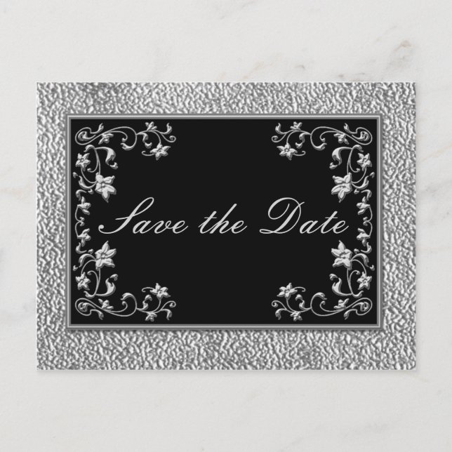 Black and Pewter Floral Save the Date Postcard (Front)