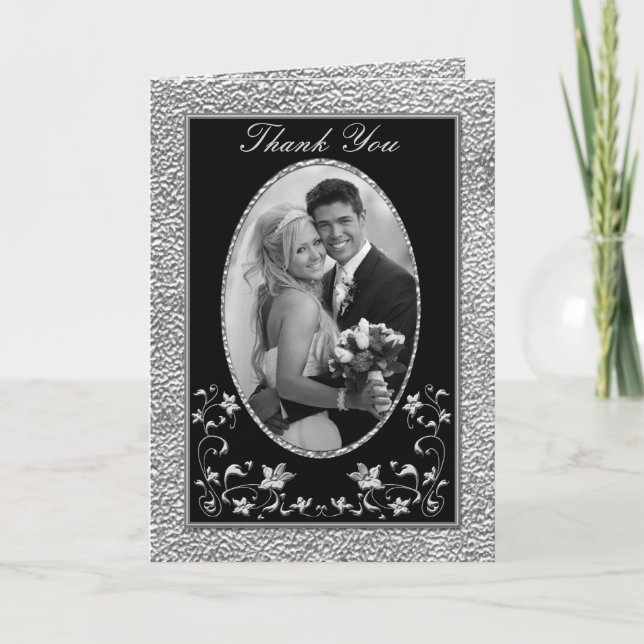 Black and Pewter Floral Thank You Card with Photo (Front)