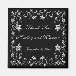 Black and Pewter Floral Wedding Favour Magnet