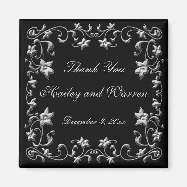 Black and Pewter Floral Wedding Favour Magnet (Front)