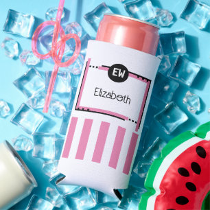 Black and pink add initials name stripes seltzer can cooler