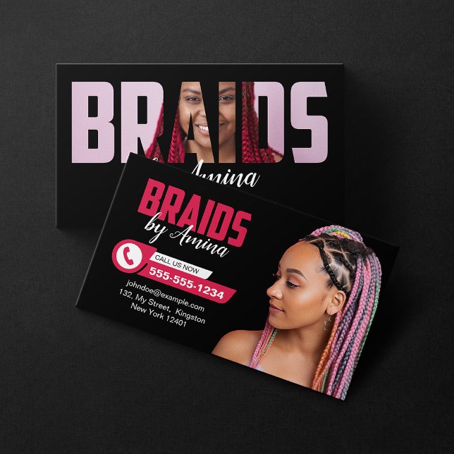 Black and Pink Africa Hair Braiding Salon Photo Business Card (Creator Uploaded)