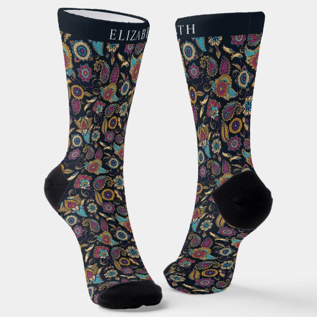Black and Pink Blue Yellow Paisley Pattern Socks (Angled)