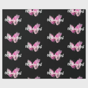 Black and Pink Butterfly Oh Baby Girl Wrapping Paper