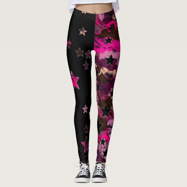 Black And Pink Camo Star Leggings (Front)