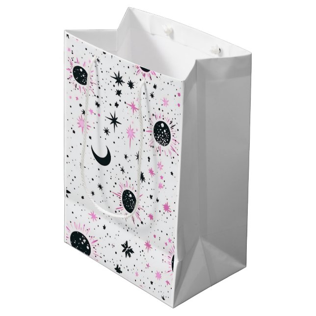 Black and Pink Celestial Sun Moon Stars Medium Gift Bag (Front Angled)