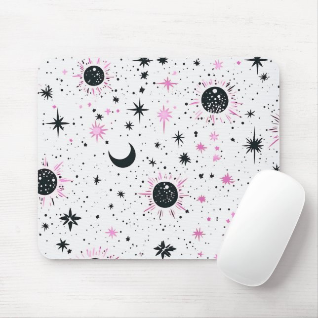 Black and Pink Celestial Sun Moon Stars Mouse Pad (With Mouse)