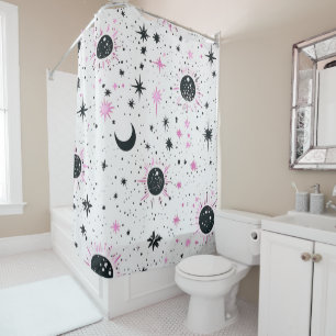 Black and Pink Celestial Sun Moon Stars Shower Curtain