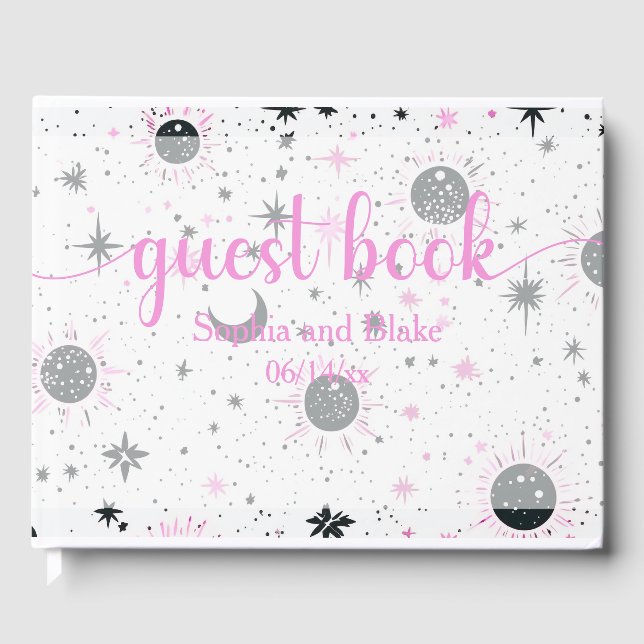 Black and Pink Celestial Sun Moon Stars Wedding Guest Book (Front)