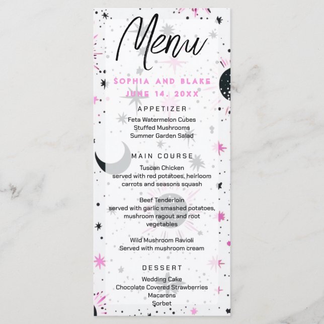Black and Pink Celestial Sun Moon Stars Wedding Menu (Front)