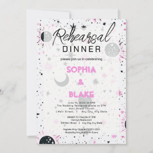 Black and Pink Celestial  Wedding Rehearsal Dinner Invitation