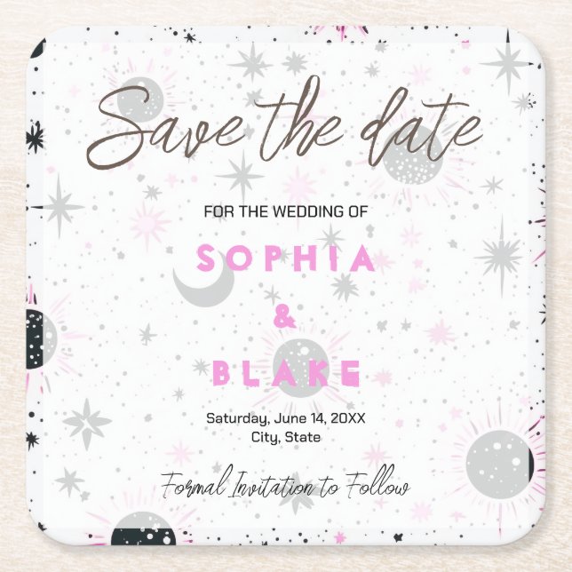 Black and Pink Celestial Wedding Save the Date Square Paper Coaster (Front)