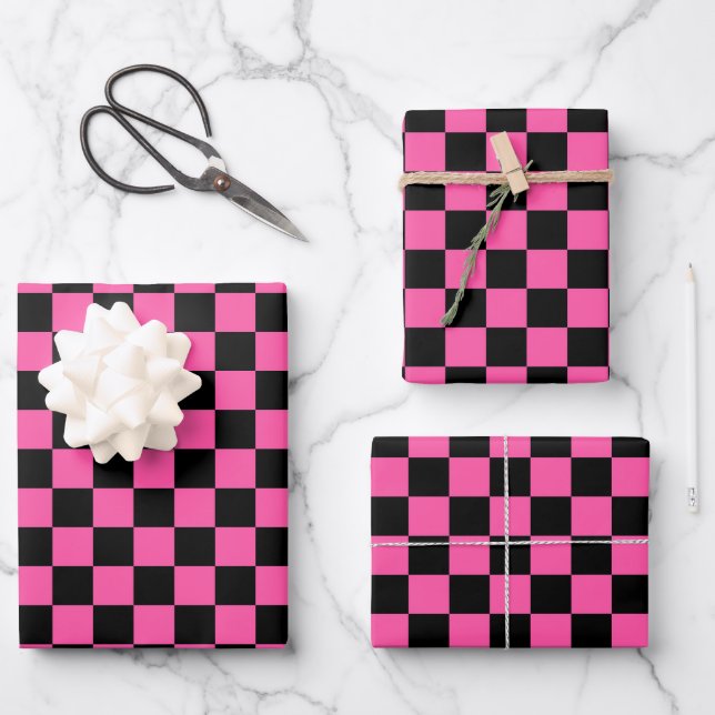 Black and pink checkerboard pattern wrapping paper sheet (Front)