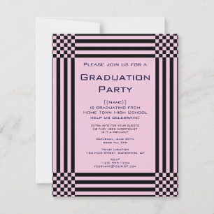 Black and Pink Checkers Stripes Graduation Party Invitation