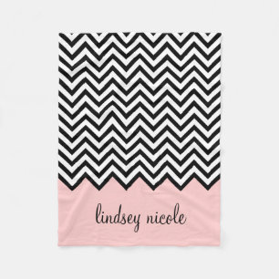 Black and Pink Chevron Custom Monogram Fleece Blanket