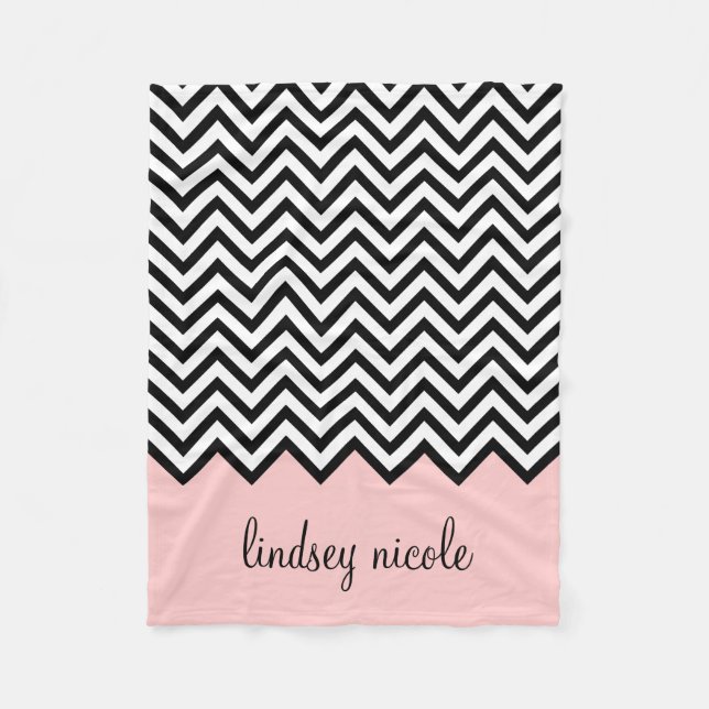 Black and Pink Chevron Custom Monogram Fleece Blanket (Front)